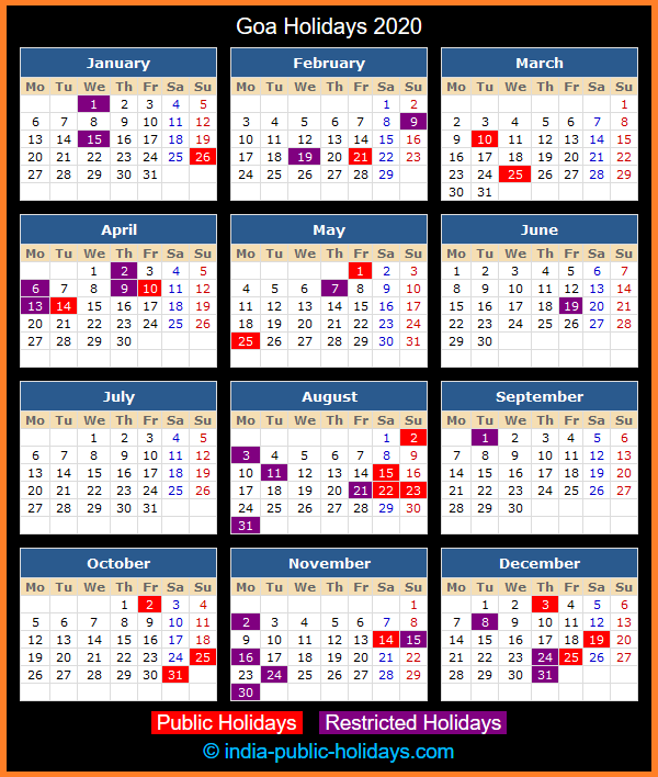 Goa Holiday Calendar 2020